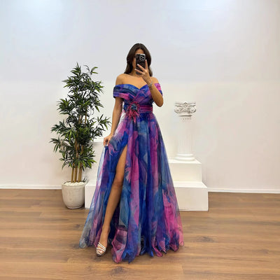 Elegant Formal Party Dress Elegant  Tie-dye Ball Gown with Mesh Bubble Sleeves Split Hem Women's Evening Dress