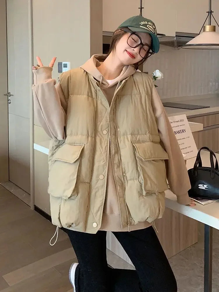 Loose Black Women's Vests Elegant Cold Insulated Youthful Lady Padded Cotton Giletes Working Clothes Fashion 2024 Sleeveless