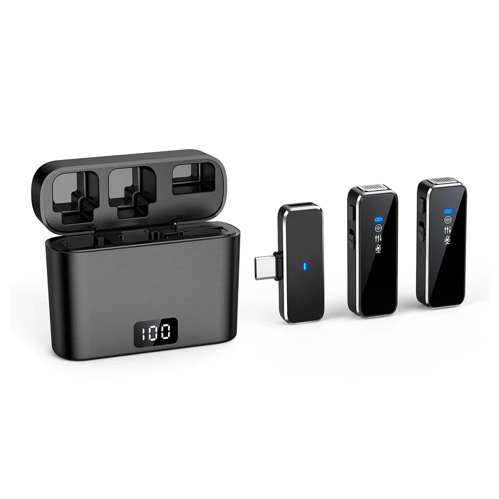 Wireless Lavalier Microphone Mini Portable Lapel Mic Dual-Channel Audio Video Voice Recording LCD for iPhone Android Live Stream