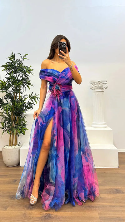 Elegant Formal Party Dress Elegant  Tie-dye Ball Gown with Mesh Bubble Sleeves Split Hem Women's Evening Dress