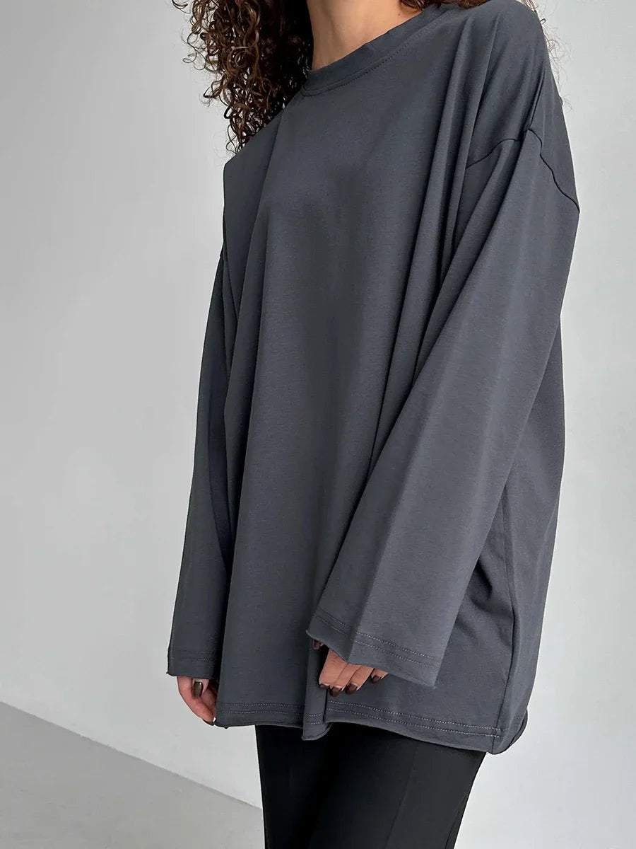 Wolfeel Women Summer 100% Cotton T-shirt Bottoming Spring Basic Fashionable Solid Lady Long Sleeve Loose Tops Shirts