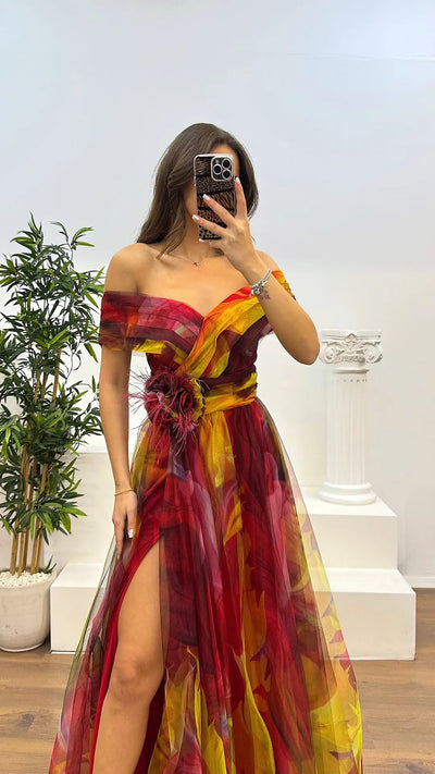 Elegant Formal Party Dress Elegant  Tie-dye Ball Gown with Mesh Bubble Sleeves Split Hem Women's Evening Dress