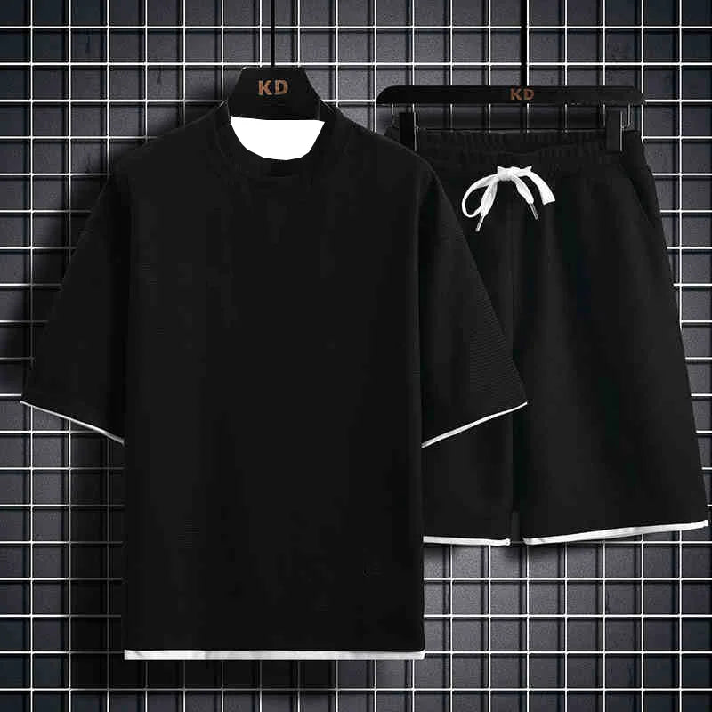 Casual Summer Sports Wear Loose Fit Men Suit USA Trendy Short Sleeves T Shirt 2 Piece Set Lightweight Fashionable Streetwears