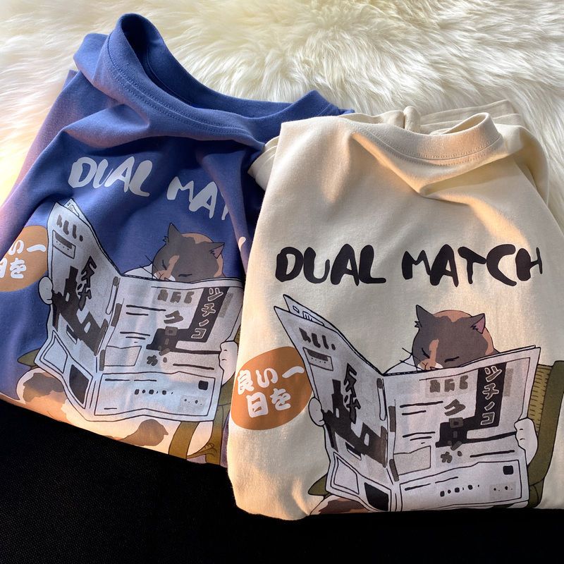 Cotton summer Japanese retro cartoon cat short sleeved t-shirt men loose Korean version lazy style half sleeved shirt harajuku