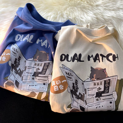 Cotton summer Japanese retro cartoon cat short sleeved t-shirt men loose Korean version lazy style half sleeved shirt harajuku