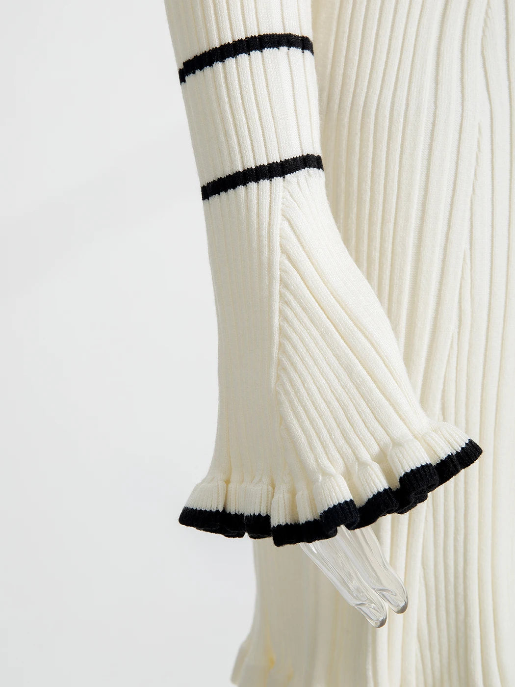 Elegant Ruffled Women Dress Long  Pit Stripe Knit Dresses For Winter Autumn Retro Lapel Pearl Button Fall Fashion Vestidos Robes