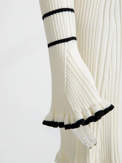Elegant Ruffled Women Dress Long  Pit Stripe Knit Dresses For Winter Autumn Retro Lapel Pearl Button Fall Fashion Vestidos Robes