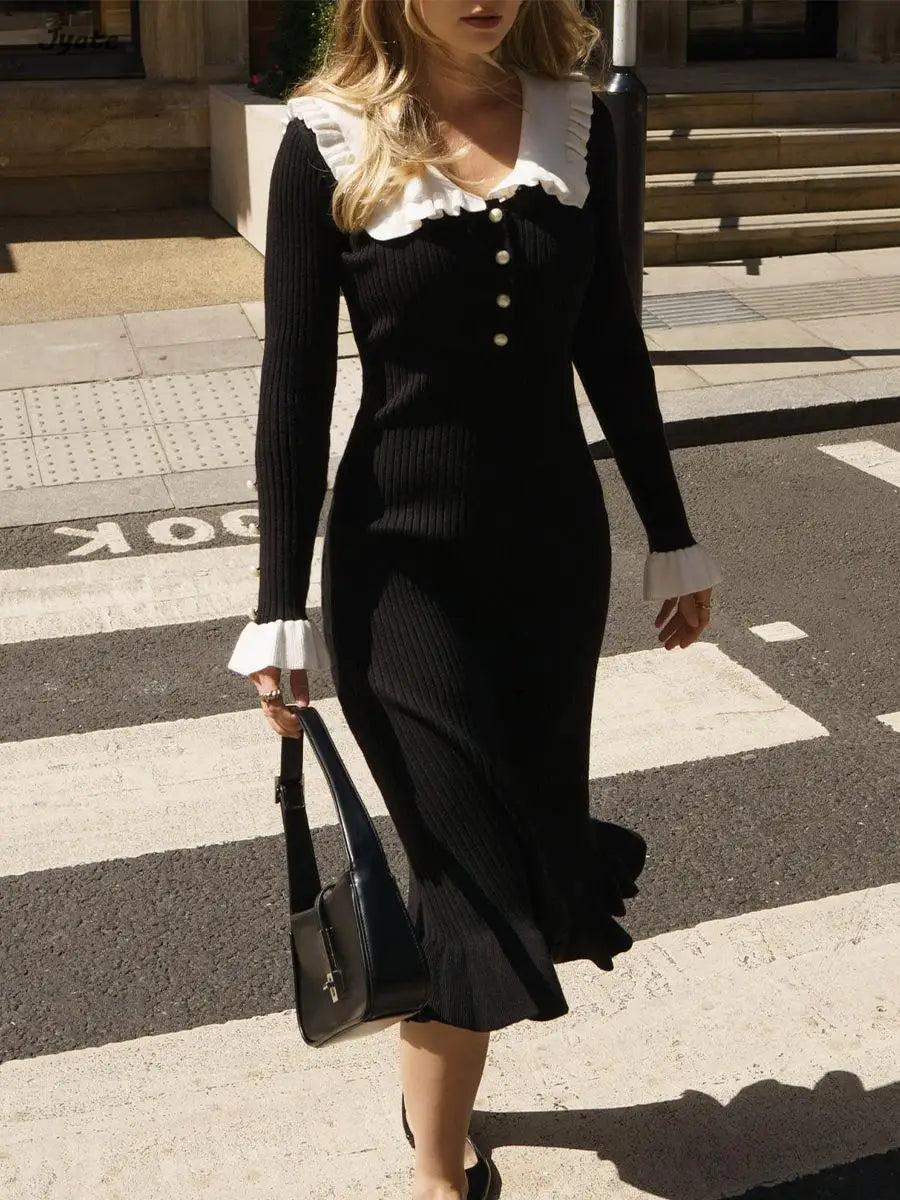 Elegant Ruffled Women Dress Long  Pit Stripe Knit Dresses For Winter Autumn Retro Lapel Pearl Button Fall Fashion Vestidos Robes