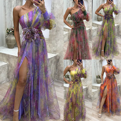 Elegant Formal Party Dress Elegant One Shoulder Tie-dye Ball Gown with Mesh Bubble Sleeves Split Hem Women's Evening Dress