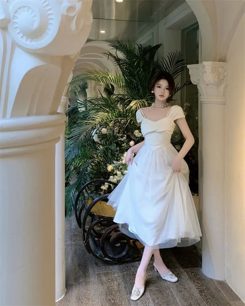 Midi Dress Women Pure Princess Summer Aesthetic Defined Elegant Ladies Gentle Spliced Chic Mesh Partywear French Style Vestidos