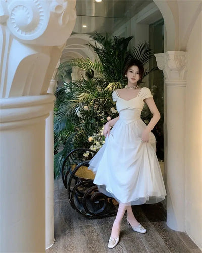 Midi Dress Women Pure Princess Summer Aesthetic Defined Elegant Ladies Gentle Spliced Chic Mesh Partywear French Style Vestidos
