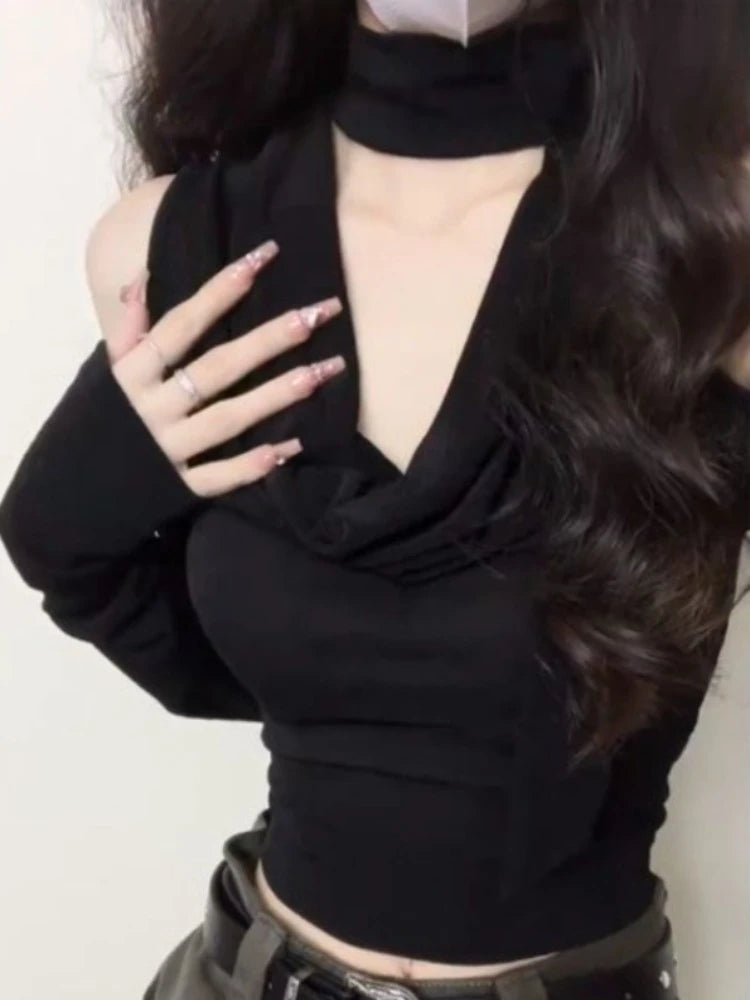 Fashion V-neck Black Halter Tops Women 2025 Summer Nw Slim Waist Tee Shirt Y2k E-Girl Long Sleeve Off Shoulder T-shirts