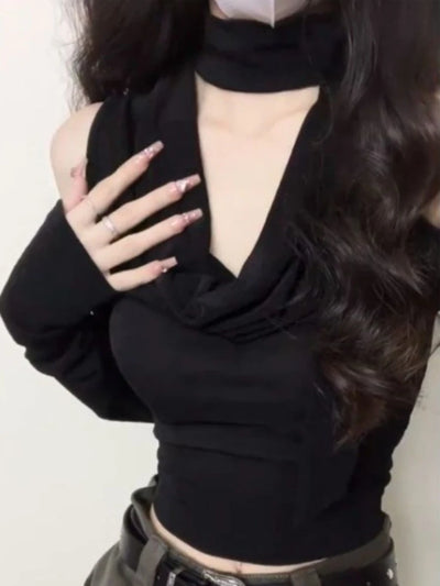 Fashion V-neck Black Halter Tops Women 2025 Summer Nw Slim Waist Tee Shirt Y2k E-Girl Long Sleeve Off Shoulder T-shirts
