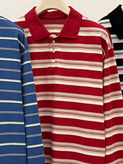 Striped Contrast Long Sleeve T-shirt Women Buttons Turndown Collar Loose T Shirt 2025 Spring New Streetwear Vintage Casual Tees