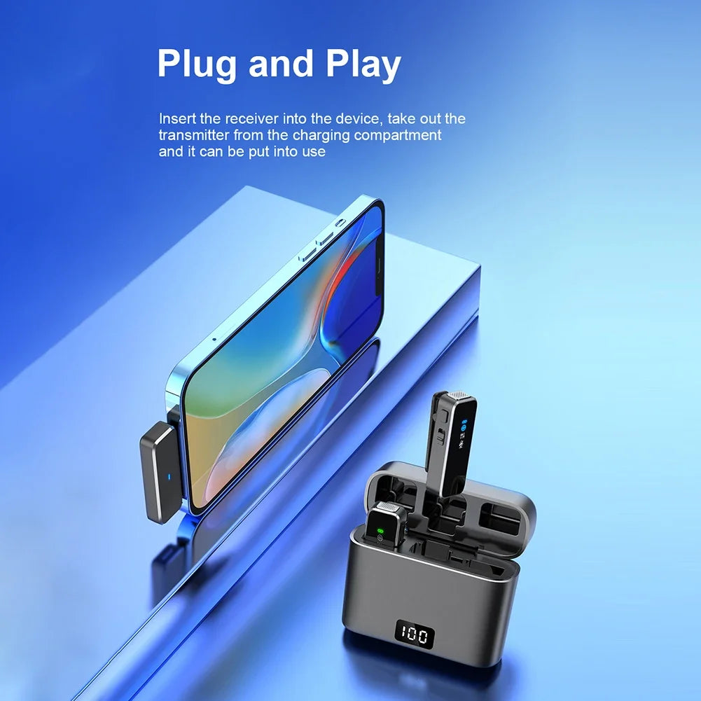 Wireless Lavalier Microphone Mini Portable Lapel Mic Dual-Channel Audio Video Voice Recording LCD for iPhone Android Live Stream