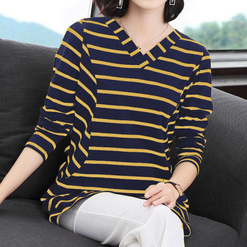Women's V-Neck Casual All-match Midi Striped Tops Fashion Elegant Long Sleeve Pullovers T-shirt Female Clothing Spring Autumn