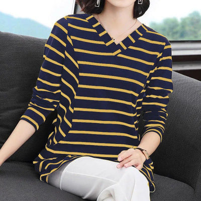 Women's V-Neck Casual All-match Midi Striped Tops Fashion Elegant Long Sleeve Pullovers T-shirt Female Clothing Spring Autumn