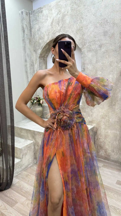Elegant Formal Party Dress Elegant One Shoulder Tie-dye Ball Gown with Mesh Bubble Sleeves Split Hem Women's Evening Dress