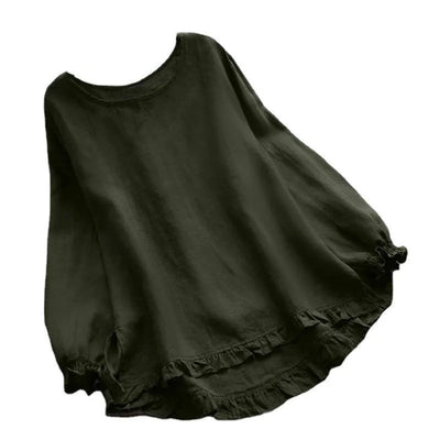 Casual Pullover Blouse For Women 2024 Autumn New Ladies Cotton And Linen Solid Color Loose Ruffle Round Neck Long Sleeved Shirt