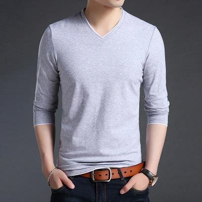 2025 New Fashion Brand T Shirts Men V Neck Street Wear Tops Trending Mercerized Cotton Korean Long Sleeve Tee Men Clothing