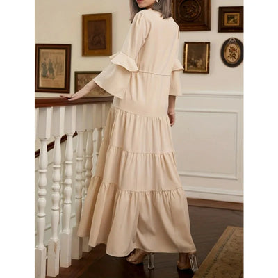 Elegant Women Corset Ruffle Dress Sexy Fashion Long Flare Sleeve V Neck High Waist Party Floor Length Dress Robe for Women