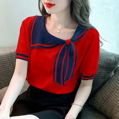 Casual Short Sleeve T-shirt for Women Loose Contrast Sweet All-match Solid Ice Silk Tops Tees Summer New Fashion Korean Clothing