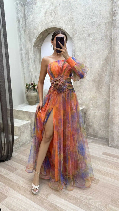 Elegant Formal Party Dress Elegant One Shoulder Tie-dye Ball Gown with Mesh Bubble Sleeves Split Hem Women's Evening Dress