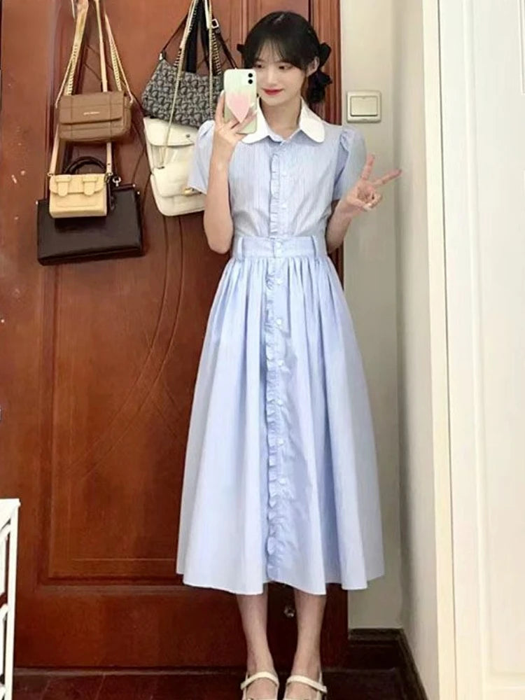 Midi Dress for Women Striped Patchwork Sweet Summer Korean Style Fashion Puff Sleeve Ins Classic College Casual Vestido Feminino