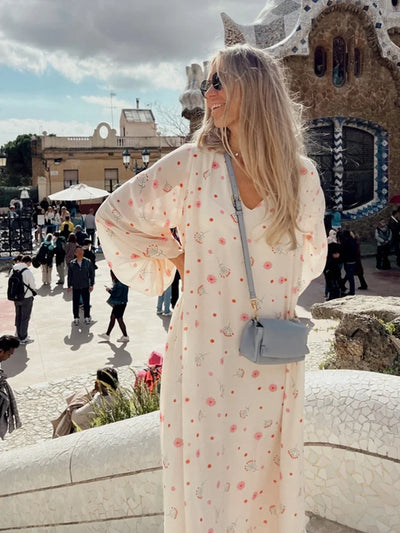 Wolfeel  Summer Women Printed Chiffon  V-neck Dress Sweet Casual Loose Beach Lace Up Long Skirts Fashionable Office Lady Dress