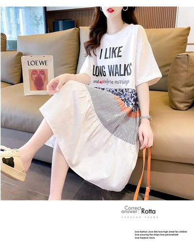 Casual Short Sleeve Letter Dresses Female Clothing Summer Loose A-Line Fashion Printed Patchwork Korean Round Neck Midi Dress