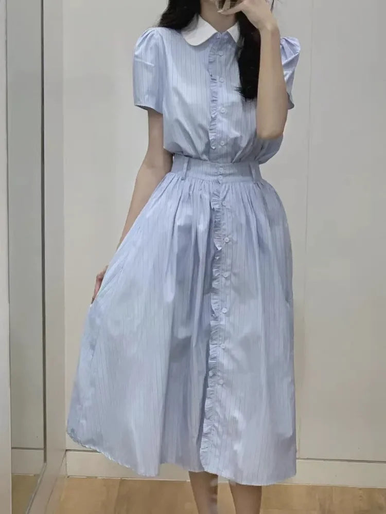 Midi Dress for Women Striped Patchwork Sweet Summer Korean Style Fashion Puff Sleeve Ins Classic College Casual Vestido Feminino