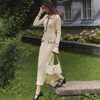 Elegant Ruffled Women Dress Long  Pit Stripe Knit Dresses For Winter Autumn Retro Lapel Pearl Button Fall Fashion Vestidos Robes