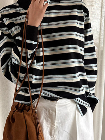 Striped Contrast Long Sleeve T-shirt Women Buttons Turndown Collar Loose T Shirt 2025 Spring New Streetwear Vintage Casual Tees