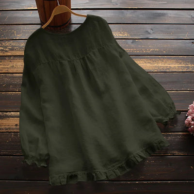 Casual Pullover Blouse For Women 2024 Autumn New Ladies Cotton And Linen Solid Color Loose Ruffle Round Neck Long Sleeved Shirt