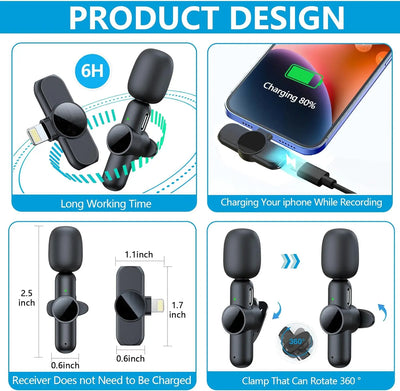 Wireless Lavalier Microphone for iPhone iPad Professional Mini Microphone Plug-Play on Lapel Mic for Video Recording Interview