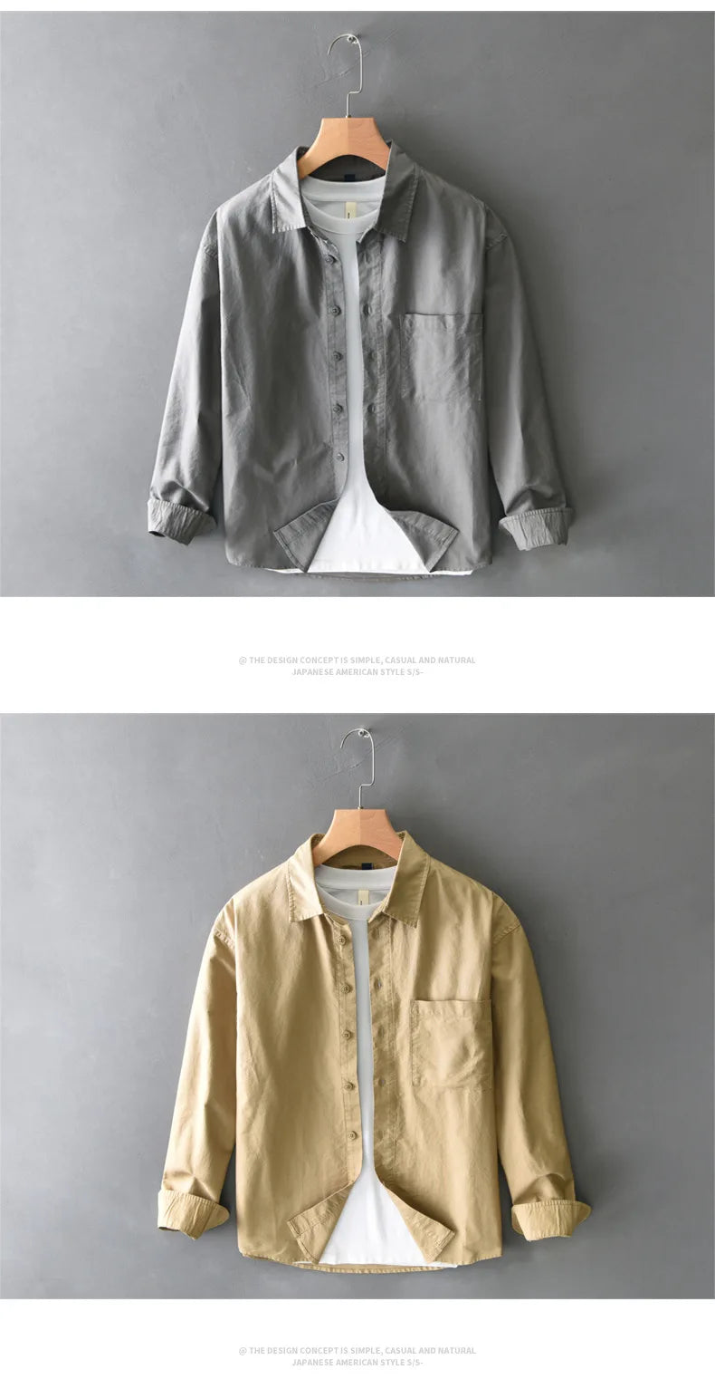 Spring new men's shirt with a high sense of fashion casual cotton loose shirt solid color match
