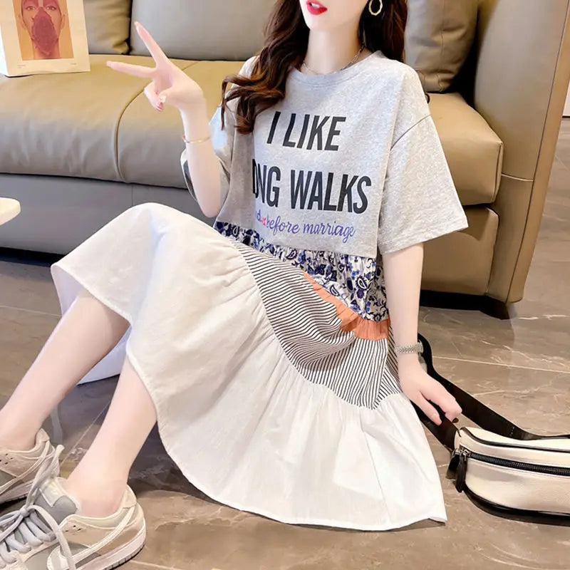 Casual Short Sleeve Letter Dresses Female Clothing Summer Loose A-Line Fashion Printed Patchwork Korean Round Neck Midi Dress