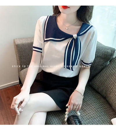 Casual Short Sleeve T-shirt for Women Loose Contrast Sweet All-match Solid Ice Silk Tops Tees Summer New Fashion Korean Clothing