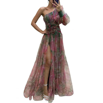 Elegant Formal Party Dress Elegant One Shoulder Tie-dye Ball Gown with Mesh Bubble Sleeves Split Hem Women's Evening Dress