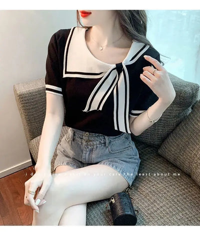 Casual Short Sleeve T-shirt for Women Loose Contrast Sweet All-match Solid Ice Silk Tops Tees Summer New Fashion Korean Clothing