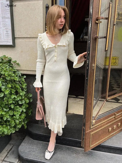 Elegant Ruffled Women Dress Long  Pit Stripe Knit Dresses For Winter Autumn Retro Lapel Pearl Button Fall Fashion Vestidos Robes