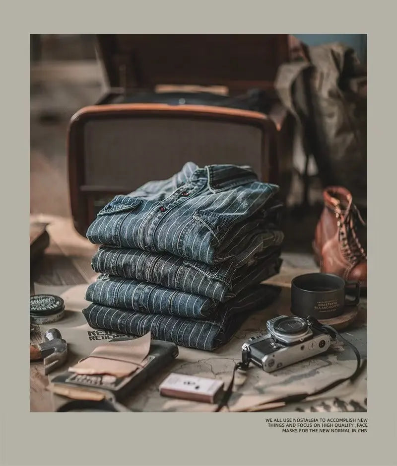 Men's Shirts Long Sleeves Recommend New Sand Washing for Old Retro Trendy Men Thicken Yarn-dyed Striped Shirts for Men