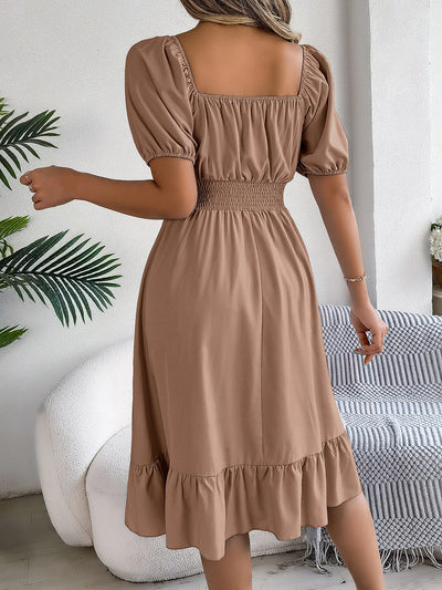 Women's MIidi Dresses 2024 Summer Casual Square Neck Short Sleeved Waist Ruffle Edge Dress Dress Women Elegant Платья Женские