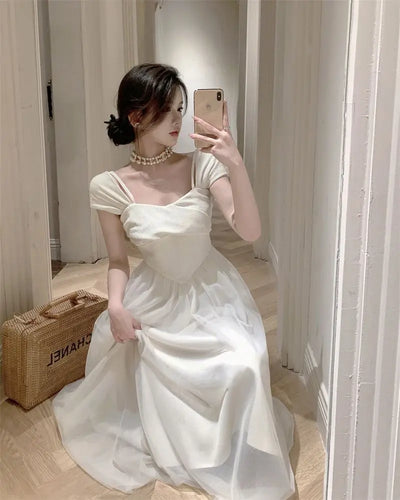 Midi Dress Women Pure Princess Summer Aesthetic Defined Elegant Ladies Gentle Spliced Chic Mesh Partywear French Style Vestidos