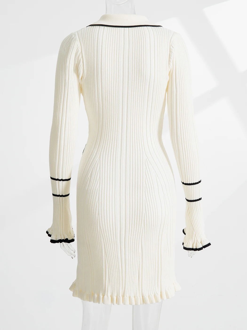 Elegant Ruffled Women Dress Long  Pit Stripe Knit Dresses For Winter Autumn Retro Lapel Pearl Button Fall Fashion Vestidos Robes