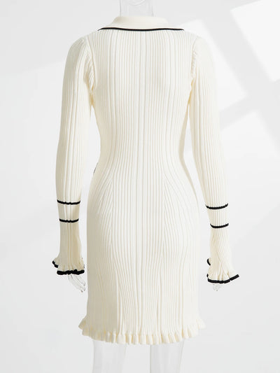 Elegant Ruffled Women Dress Long  Pit Stripe Knit Dresses For Winter Autumn Retro Lapel Pearl Button Fall Fashion Vestidos Robes