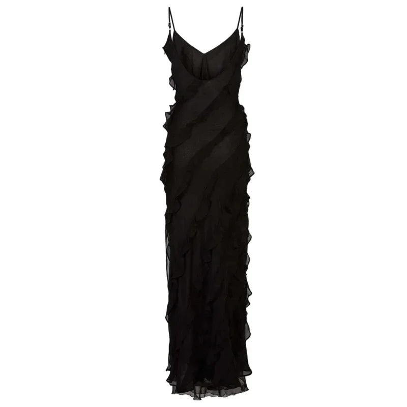 Elegant Stacked Ruffle Split Hem Long Dress Women Sexy Sleeveless Backless Chiffon V Neck Dresses 2024 New Lady Vacation Vestido
