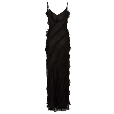 Elegant Stacked Ruffle Split Hem Long Dress Women Sexy Sleeveless Backless Chiffon V Neck Dresses 2024 New Lady Vacation Vestido