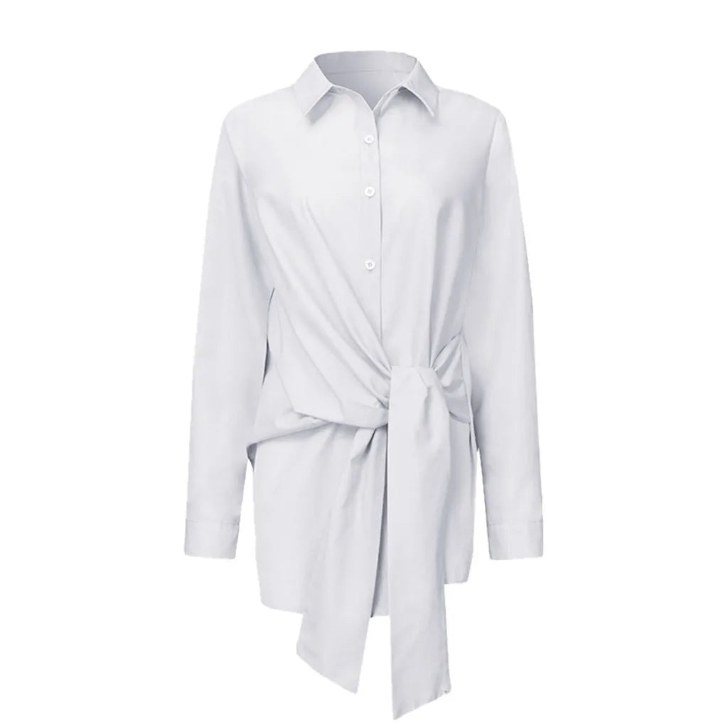 Blouses Women Tops Shirts Turn Down Collar Spring Y2k Streetwear Slim Fit Casual Lace Up Work High Waist Shirt Top Elegant White