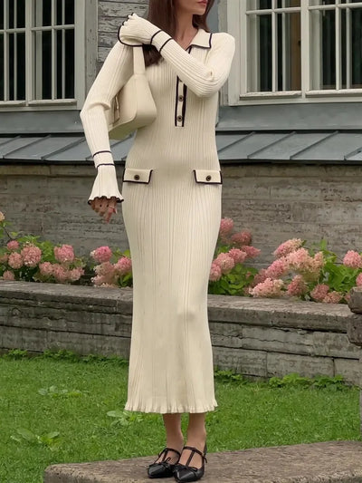 Elegant Ruffled Women Dress Long  Pit Stripe Knit Dresses For Winter Autumn Retro Lapel Pearl Button Fall Fashion Vestidos Robes